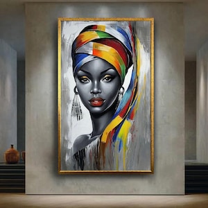 African woman canvas wall art print, colorful headwrap ethnic portrait painting, afrocentric modern decor for living room or studio space