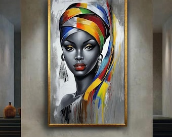 African woman canvas wall art print, colorful headwrap ethnic portrait painting, afrocentric modern decor for living room or studio space