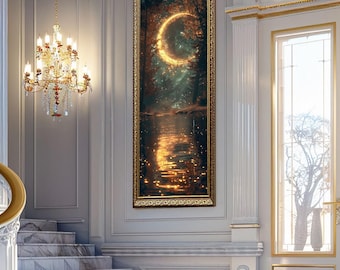 Magical Crescent Moon Forest Wall Art Fantasy Night Scene Canvas Art Golden Glow Reflection Landscape Print