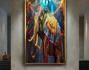 Colorful Elephant Wall Art Canvas – Festival Style Indian Elephant Print for Boho Decor – Exotic Animal Canvas for Living Room Decor