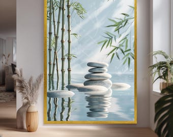 Zen Stone Stack and Bamboo Canvas Wall Art, Peaceful Spa Inspired Poster, Tranquil Nature Reflection Print, Minimalist Calm Decor