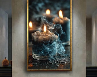 Mystic Candle Canvas Wall Art with Blue Smoke and Glass Glow – Spiritual Flame Print for Meditation, Ritual or Dark Aesthetic Decor