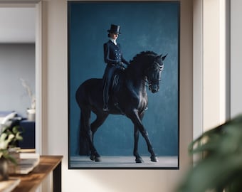 Graceful Dressage Rider Canvas Wall Art – Elegant Woman on Black Horse in Equestrian Attire for Classic and Luxury Home Decor