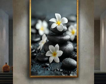 Zen Spa Canvas Wall Art with White Plumeria Flowers on Wet Black Stones – Serene Wellness Print for Bathroom or Massage Studio Decor