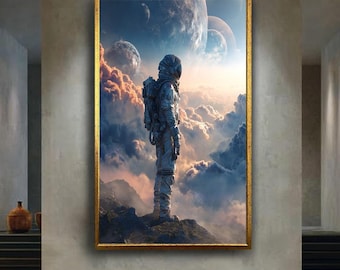 Astronaut Looking at Planets Wall Art, Sci Fi Galaxy Poster, Surreal Space Clouds Print for Futuristic Room and Space Lover Decor