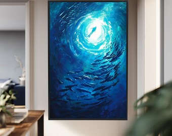 Ocean Diver Canvas Wall Art – Deep Blue Underwater Scene with Fish Swirl and Sunlight, Nautical Coastal Decor for Beach Style Rooms