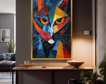 Colorful Abstract Cat Wall Art in Cubist Style with Bold Brush Strokes, Modern Canvas Print for Animal Lovers and Home Decor