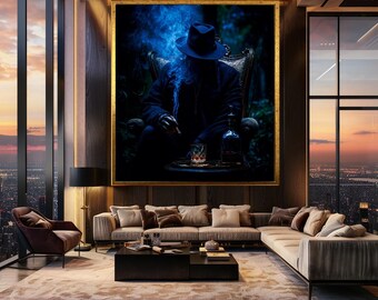 Mysterious Man in Hat Smoking Cigar Canvas Wall Art – Dark Noir Style Whiskey and Smoke Print for Lounge or Masculine Decor