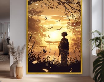 Japanese Sunset Canvas Print With Geisha Silhouette And Torii Gates Serene Wall Art For Zen Inspired Asian Style Home Decor