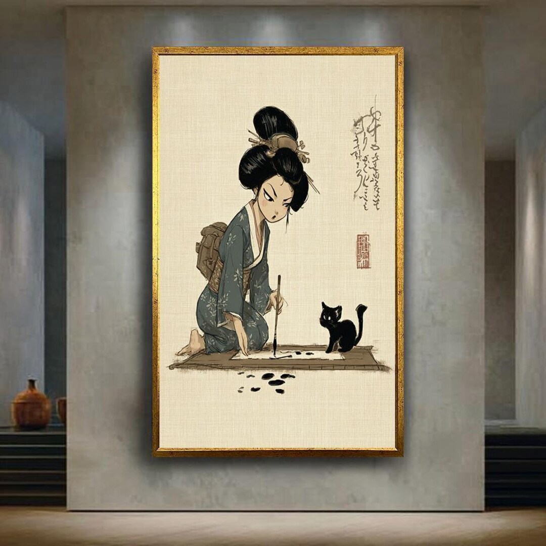 Cute Japanese Geisha Wall Art Print – Funny Kimono Girl With Black Cat ...