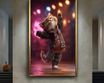 Dancing Cool Cat Canvas Wall Art – Cute Anthropomorphic Kitten in Hoodie and Leather Jacket with Colorful Stage Lights
