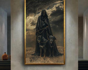 Dark Grim Reaper Wall Art with Black Dogs Gothic Fantasy Death Figure Mysterious Horror Artwork Halloween Decor
