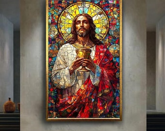 Stained glass Jesus canvas wall art print, sacred holy grail Christian decor, religious artwork for church or prayer room, faith gift