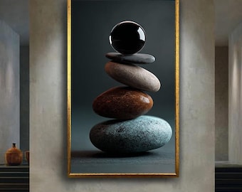 Colorful Zen Stone Stack Canvas Print – Minimalist Balance Wall Art with Black Glass Sphere for Modern Home, Spa Room or Meditation Decor