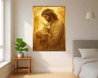 Jesus Embracing Lamb Golden Light Spiritual Canvas Art Christian Wall Decor Religious Poster Of Love Peace Faith And Divine Compassion