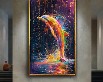 Colorful Dolphin Canvas Wall Art, Vibrant Ocean Animal Print, Modern Pop Art Style Marine Life Artwork for Coastal Home Decor