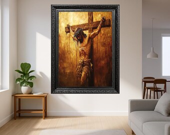 Jesus on the Cross Religious Wall Art – Dramatic Crucifixion Scene Canvas Print – Sacred Christian Home Decor for Prayer and Worship Spaces