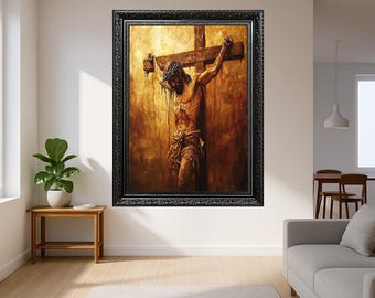 Jesus on the Cross Religious Wall Art – Dramatic Crucifixion Scene Canvas Print – Sacred Christian Home Decor for Prayer and Worship Spaces