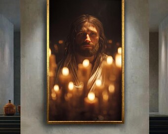 Jesus with Candlelight Wall Art – Peaceful Christian Portrait Surrounded by Warm Spiritual Light for Religious Home Decor