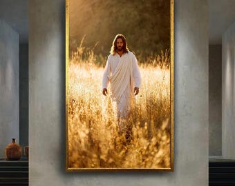 Jesus in Field Wall Art Print, Spiritual Light Christian Poster, Walking Through Nature Biblical Decor, Peaceful Faith Canvas Art