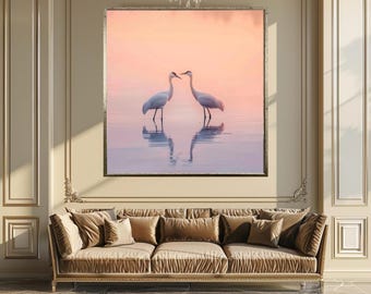 Romantic Crane Couple Wall Art Print, Sunset Bird Photography for Nature Lovers, Elegant Heron Bird Art for Living Room Decor