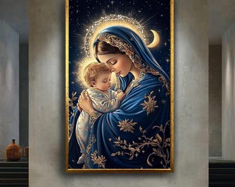 Virgin Mary and baby Jesus canvas wall art print, sacred Christian mother child artwork, religious home decor, Catholic spiritual gift