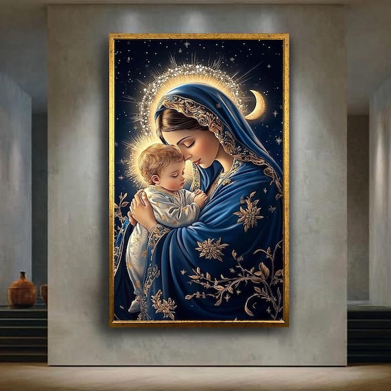 Virgin Mary and Baby Jesus Canvas Wall Art Print, Sacred Christian 