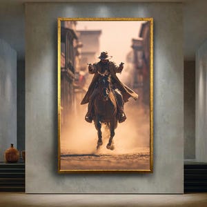 Gunslinger Cowboy Riding Horse in Dusty Western Town, Vintage Wild West Art Print for Rustic Decor, Cowboy Wall Poster