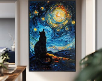 Starry Night Cat Wall Art with Swirling Sky and Moon, Van Gogh Inspired Black Cat Canvas Print for Whimsical Artistic Home Decor