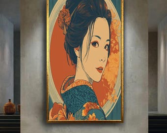 Japanese Woman Portrait Wall Art – Geisha Canvas Print in Blue Kimono – Modern Asian Culture Poster – Elegant Oriental Home Decor