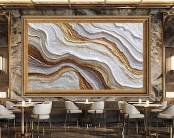 Abstract Layered Texture Wall Art Print with Gold and White Earthy Tones, Modern Geode Style Luxury Canvas for Home Decoration