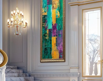 Abstract Vertical Brush Stroke Wall Art in Emerald Green, Purple and Gold, Modern Luxury Canvas Print for Bold Contemporary Decor