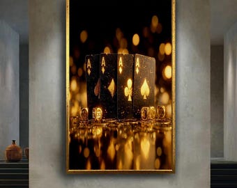 Luxury Gold Poker Cards Canvas Wall Art for Game Room Decor, Glamorous Casino Style Ace Playing Cards Print, Modern Wall Decoration