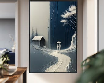 Minimalist Romantic Canvas Art Of Couple Walking With Umbrella On Textured Road In Dreamy Blue Monochrome Forest Scene