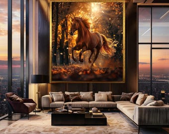 Wild Horse Autumn Forest Wall Art, Running Horse Photography Print, Rustic Fall Animal Decor for Western or Nature Inspired Homes