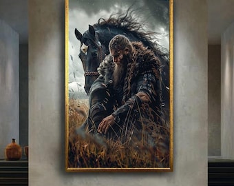 Viking Warrior with Horse Wall Art Canvas, Norse Mythology Inspired Medieval Soldier Artwork, Dark Fantasy Decor for Nordic History Lovers