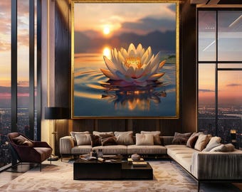 White Lotus Flower at Sunset Wall Art Print, Serene Water Reflection Photography, Spiritual Zen Decor for Yoga, Spa or Meditation Rooms