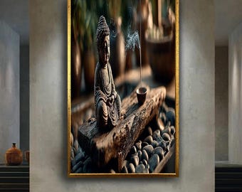 Zen Buddha Canvas Wall Art with Burning Incense and Stones – Peaceful Spiritual Decor Print for Meditation or Yoga Room Ambience