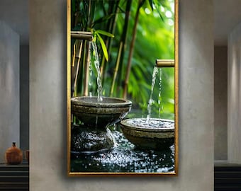 Zen Water Fountain Wall Art with Bamboo and Stones Peaceful Garden Decor Tranquil Nature Artwork Asian Meditation Print