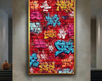 Urban Graffiti Wall Art Print, Red Brick Street Art Canvas Poster, Colorful Hip Hop Spray Paint Style, Modern Graffiti Room Decor