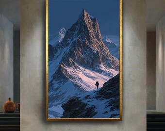 Majestic Mountain Wall Art Print, Snowy Peak Landscape Canvas Poster, Winter Climber Illustration, Adventure Nature Scene Decor