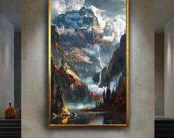 Majestic Mountain Landscape Canvas Wall Art Print with Waterfalls and Autumn Forest, Epic Nature Scene for Rustic Cabin or Adventure