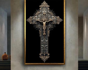 Ornate Crucifix Canvas Wall Art with Gold and Black Detailing, Sacred Christian Cross Print for Religious Home and Spiritual Decor