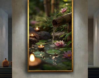 Zen Garden Canvas Wall Art with Bamboo Water Fountain, Candles and Lotus Flowers – Tranquil Nature Print for Spa or Meditation Room Decor