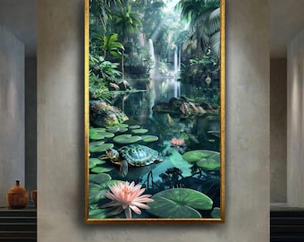 Tropical Jungle Turtle Canvas Wall Art, Peaceful Nature Pond with Waterfall and Lotus Flowers, Zen Jungle Landscape Print Decor