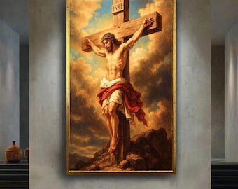 Jesus Crucifixion Digital Art Powerful Christian Scene Wall Poster INRI Cross Redemption Print For Church Prayer Room Or Faithful Home Decor