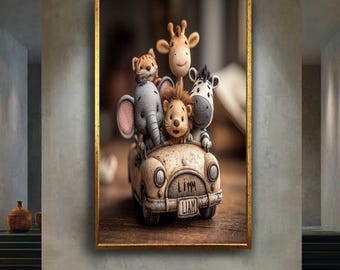 Cute Safari Animal Car Wall Art Print – Baby Nursery Decor with Lion Elephant Giraffe Tiger Zebra – Adorable Kids Room Poster