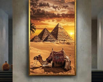 Camel and Pyramid Sunset Canvas Wall Art – Egyptian Desert Scene with Golden Sky for Travel Lovers, History Buffs or Exotic Home Decor