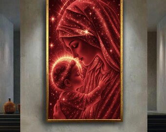 Virgin Mary and Child Red Cosmic Canvas Wall Art, Sacred Christian Religious Print with Stars, Catholic Spiritual Celestial Artwork