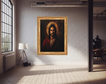 Sacred Jesus Christ Religious Portrait Wall Art – Classic Christian Canvas with Golden Halo – Spiritual Faith Print for Holy Home Decor